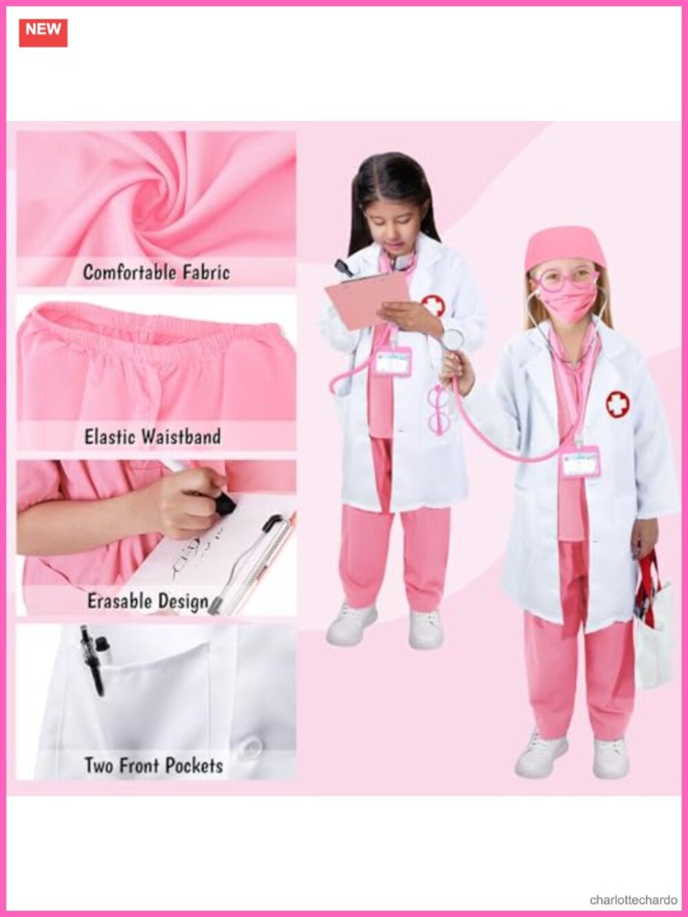 Kids Doctor Nurse Costume Set 12 Pcs Pretend Play Scrubs Lab Coat - Picture 3 of 6